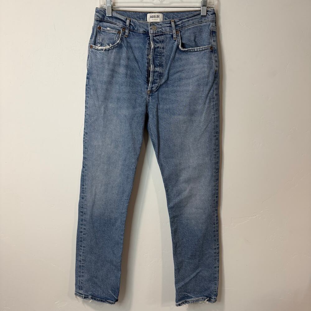 Agolde Womens Straight Jeans Riley Long 28 Cove Wash Blue Organic Cotton Hi Rise - Picture 2 of 10